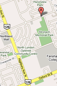 Huron Pines Housing Co-operative on a map of surrounding area, London Ontario, North-East, Stronach Recreation Centre, Northland Mall, Huronview Park, Huron Street, Highbury Ave., Oxford Street, Fanshawe College - click for larger map by Google Maps